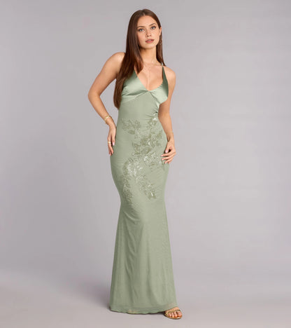 RoselleDress sage green embroidered mermaid maxi bridesmaid dress, satin v-neck thin straps, tie halter open back mesh formal wedding guest gown