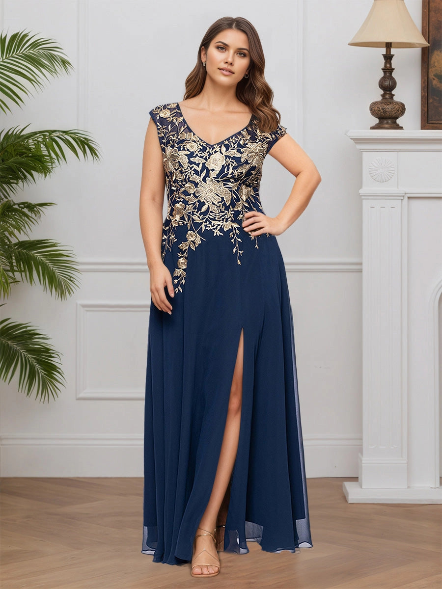 Roselledress plus size mother of the bride dress, navy blue chiffon floor‑length gown with gold floral embroidery cap sleeve front high slit