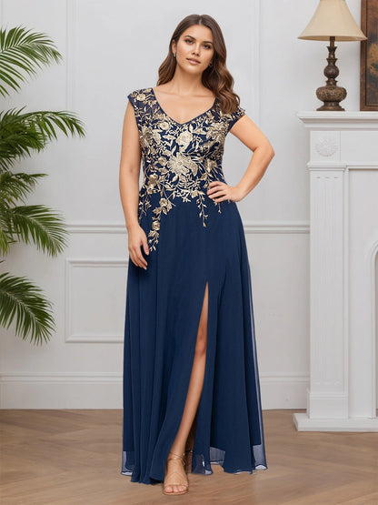 Roselledress plus size mother of the bride dress, navy blue chiffon floor‑length gown with gold floral embroidery cap sleeve front high slit