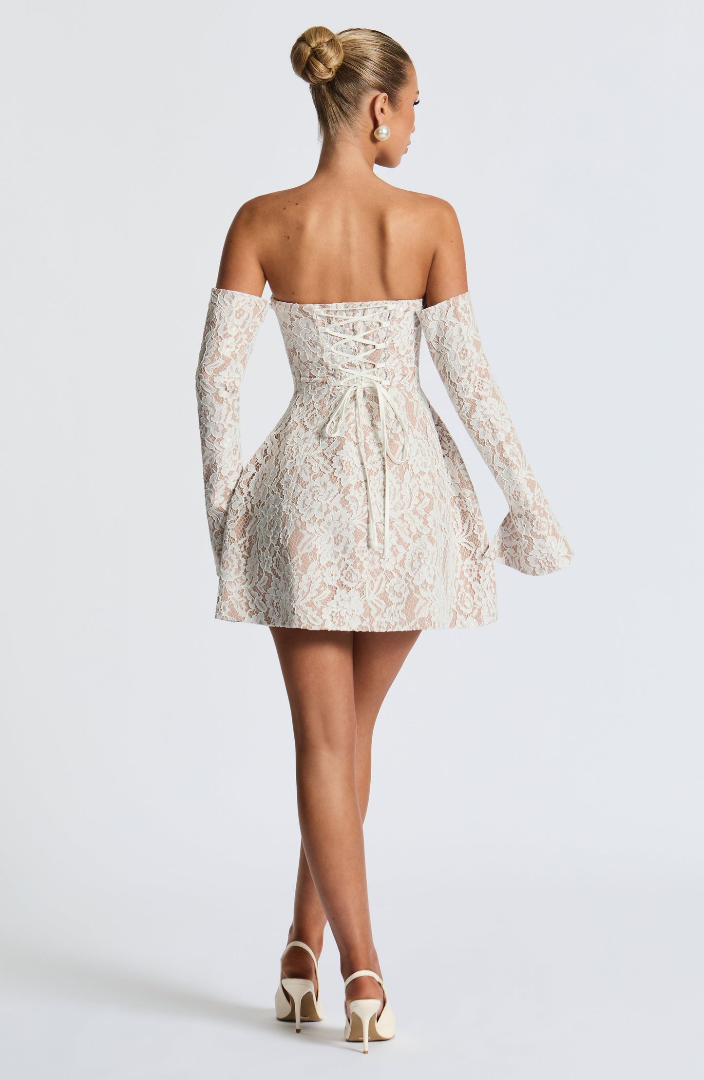 FitFlare ALine Strapless LongSleeve LaceUpBack Mini homecoming  dress