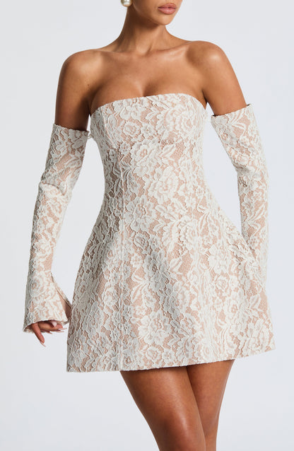 FitFlare ALine Strapless LongSleeve LaceUpBack Mini homecoming  dress