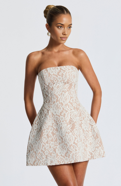 FitFlare ALine Strapless LongSleeve LaceUpBack Mini homecoming  dress
