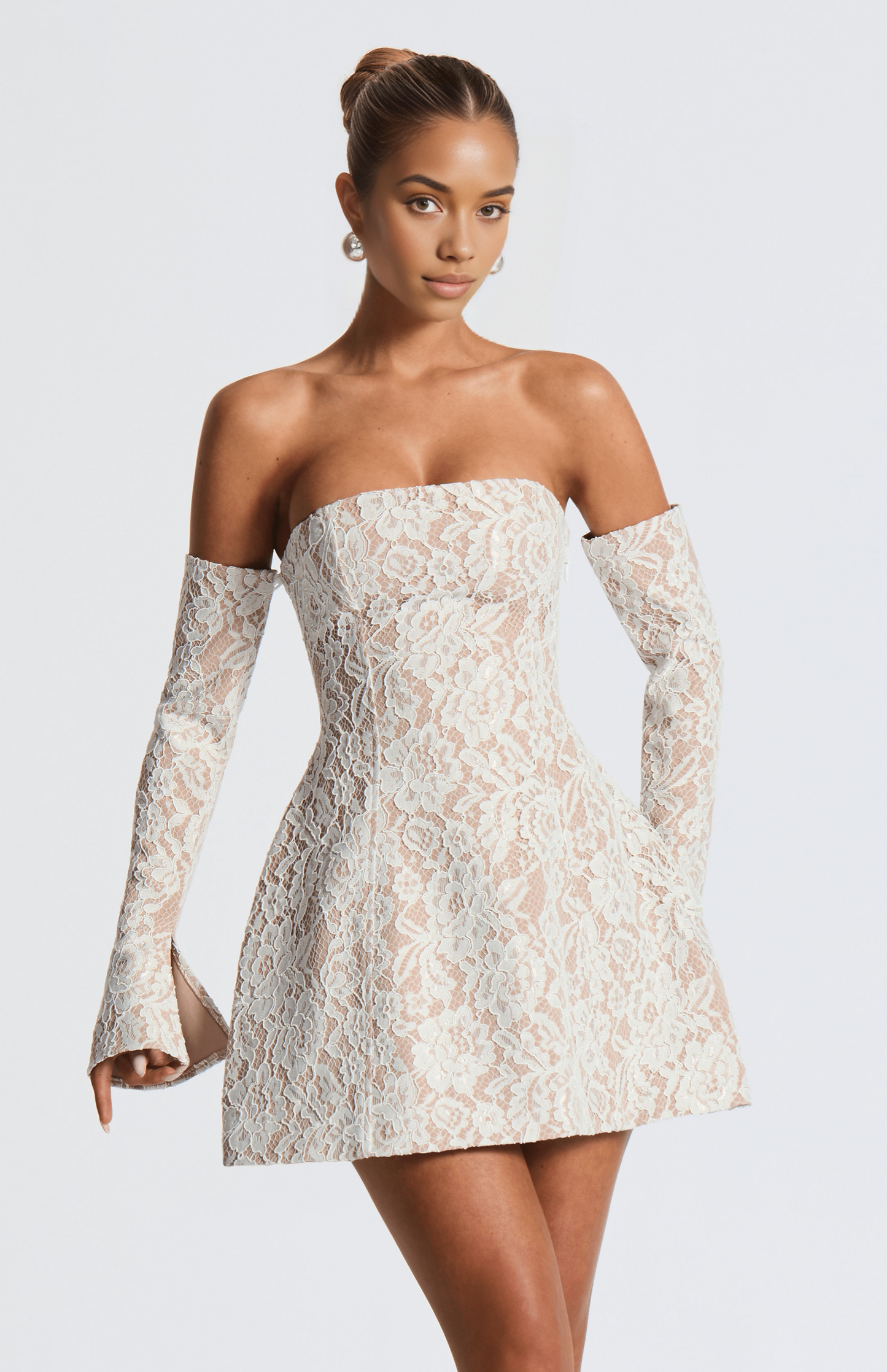 FitFlare ALine Strapless LongSleeve LaceUpBack Mini homecoming  dress