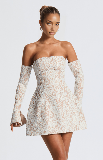 FitFlare ALine Strapless LongSleeve LaceUpBack Mini homecoming  dress