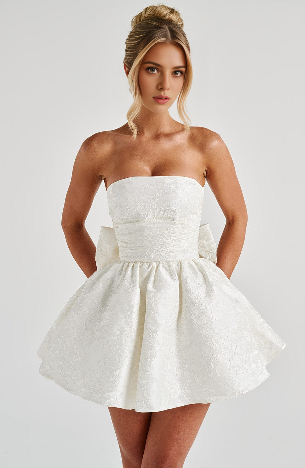 Roselle Dress white jacquard strapless bow waist mini homecoming dress front view