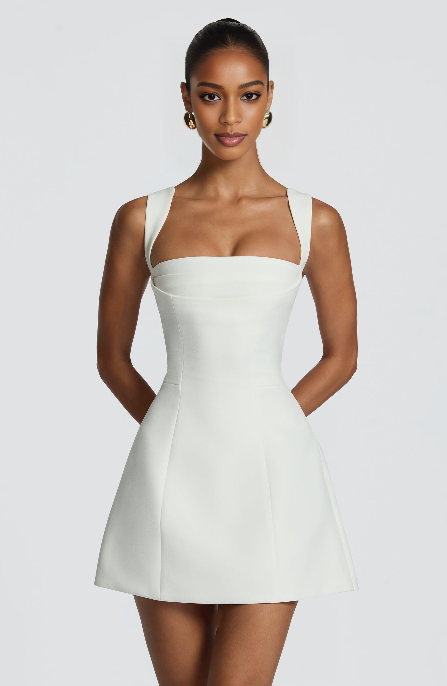 White fit flare A-line mini dress square neck wide straps lace-up corset back for homecoming  dress