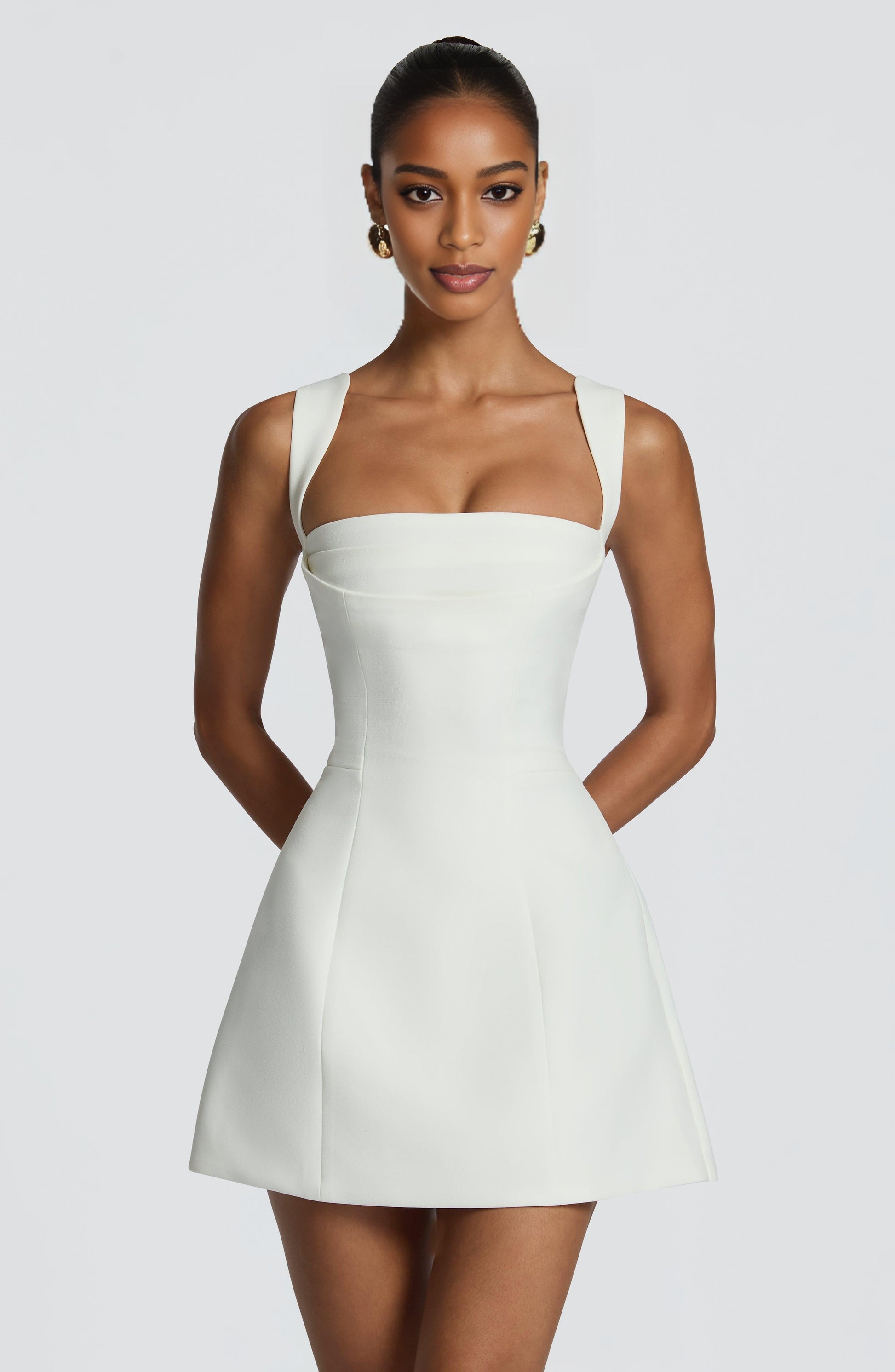 White fit flare A-line mini dress square neck wide straps lace-up corset back for homecoming  dress