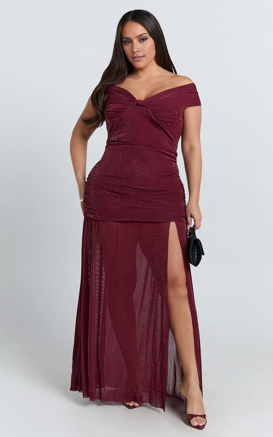 Roselledress burgundy plus size maxi wedding guest dress off shoulder twist front glitter mesh gown front view