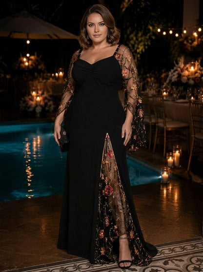 Roselledress black plus size wedding guest dress front view, sweetheart floral embroidered mesh long sleeve mermaid formal gown