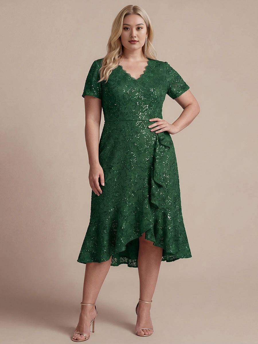 Roselledress dark green plus size prom dress front view, sequin lace wrap v-neck hi-lo ruffle midi formal dress