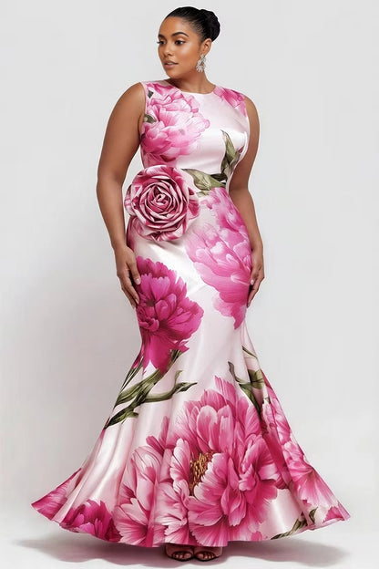 RoselleDress plus size evening dress sleeveless round neck satin pink peony floral print mermaid gown with side 3D rose applique floor length formal dress