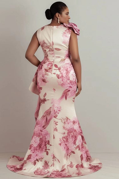 Back view RoselleDress floral print satin mermaid dress zipper back 3D rose shoulder decoration plus size formal wedding guest gown with sweep train