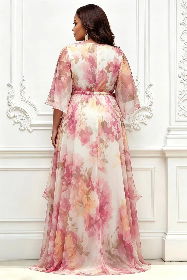 Roselledress watercolor flower chiffon dress round neck back zipper plus size flowy wedding guest maxi dress back view