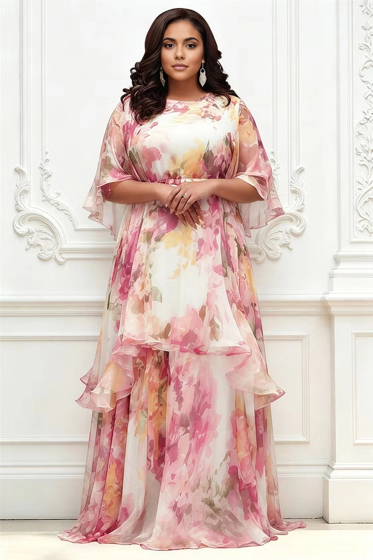 Roselledress pink floral plus size maxi dress round neck flutter sleeve layered chiffon formal gown front view