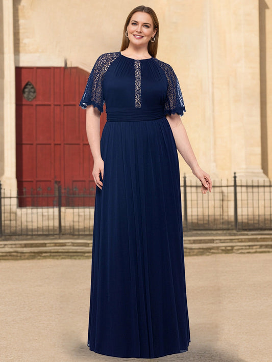 Roselledress navy blue plus size maxi wedding guest dress round neck lace chiffon gown front view