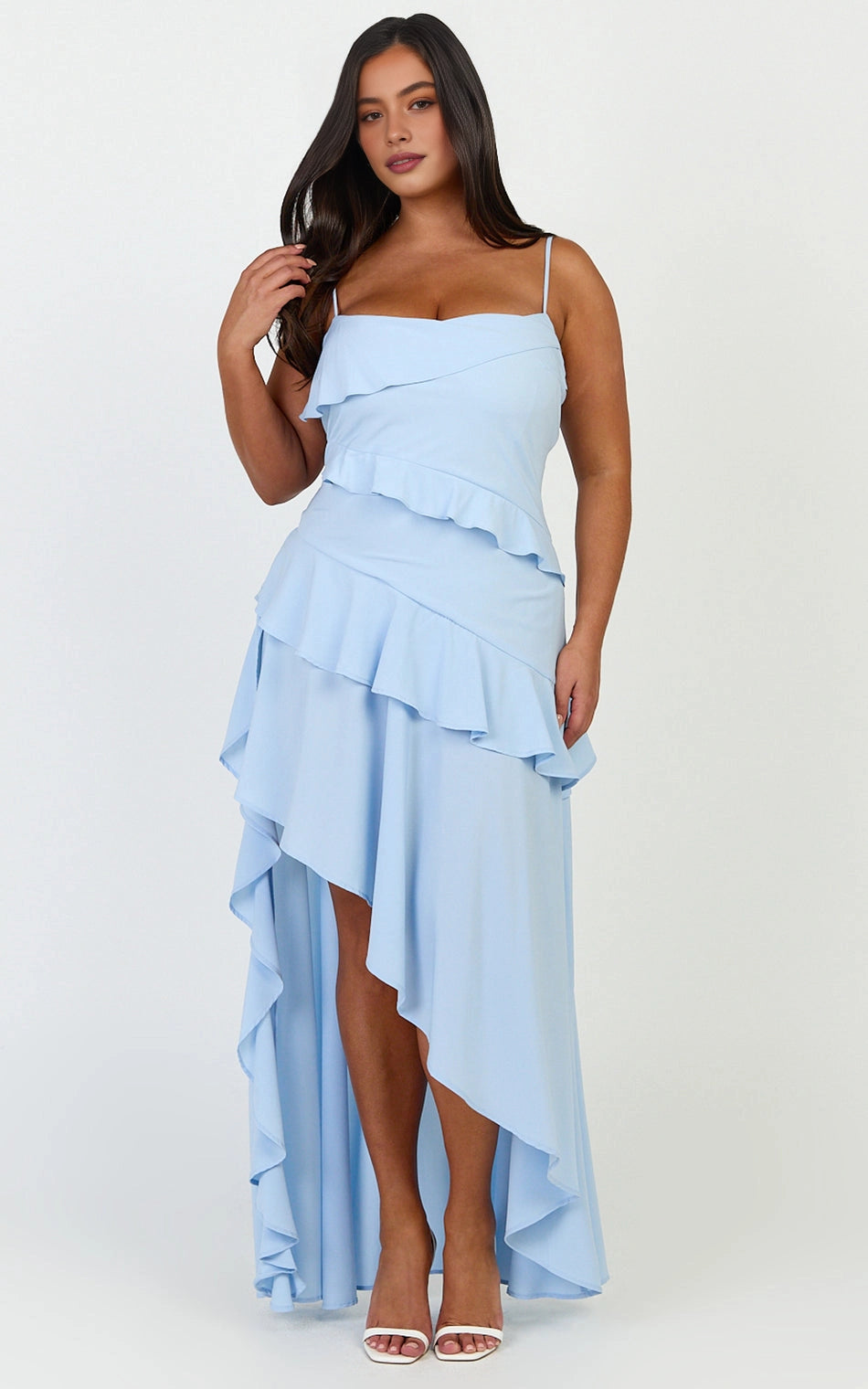 Roselledress light blue plus size maxi bridesmaid dress spaghetti strap ruffled asymmetrical high low gown front view