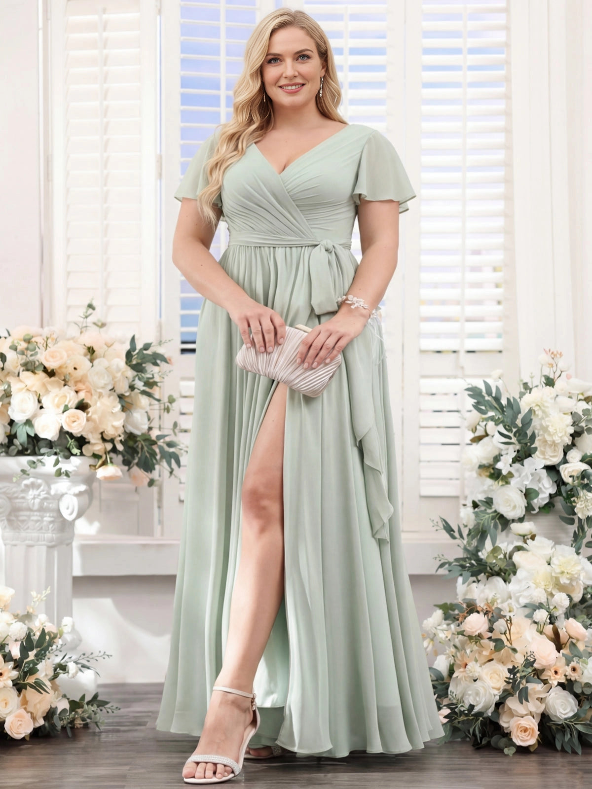 Roselledress sage green chiffon plus size bridesmaid dress front view, flutter sleeve v-neck wrap waist gown with high leg slit