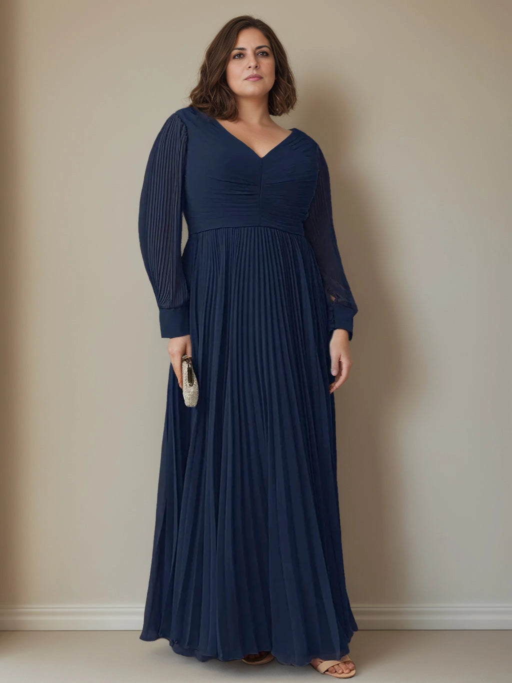 Roselledress navy blue plus size mother of the bride pleated gown v-neck long sleeve chiffon formal maxi dress front view