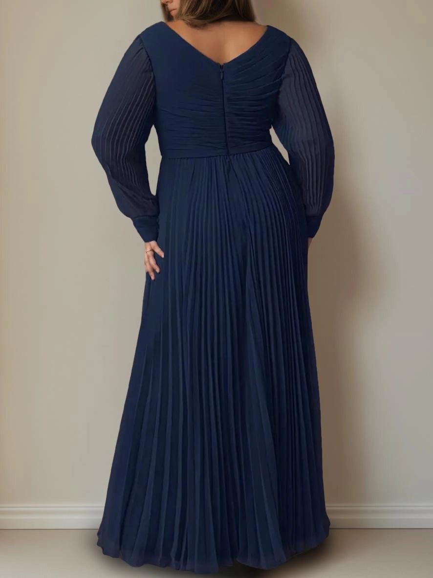 Roselledress dark navy plus size pleated formal dress v-back zipper long sleeve wedding mother gown back view