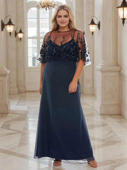 Roselledress navy blue plus size wedding guest dress illusion neck cape sleeve beaded embroidery a‑line floor‑length gown front view