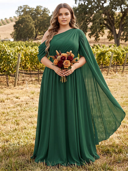 Roselledress emerald green plus size bridesmaid dress,a‑line one‑shoulder cape sleeve chiffon formal gown