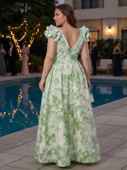 Roselledress printed satin formal dress plus size deep v back zipper garden wedding guest long dress back view
