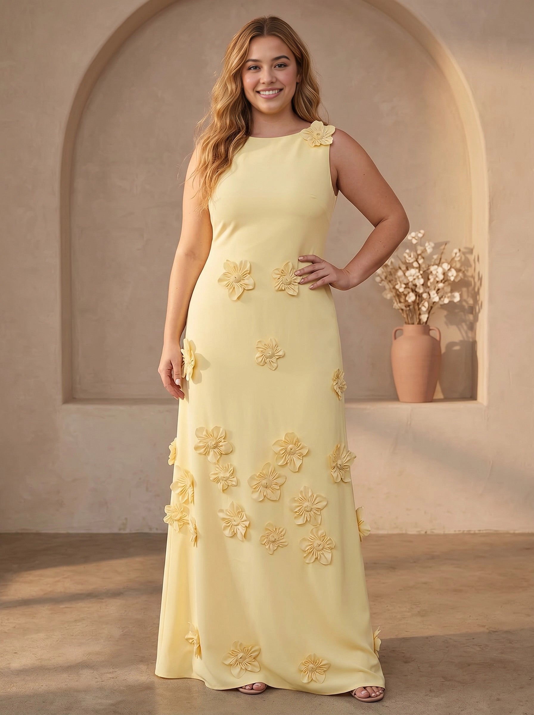 Roselledress pale yellow plus size sheath maxi dress front view, sleeveless boat neck gown decorated with 3D handmade floral appliques