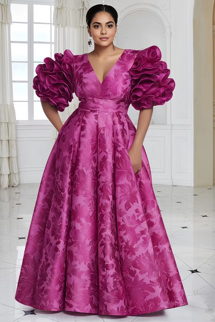 RoselleDress plus size formal dress fuchsia floral jacquard A-line gown deep V layered ruffle puff sleeves maxi dress with side pockets