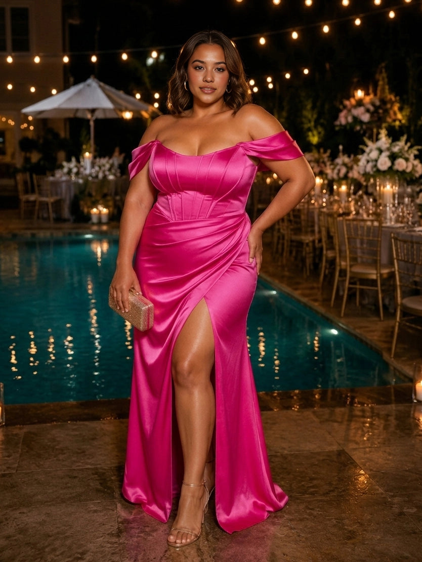 Roselledress glossy satin formal dress plus size structured corset back zipper wedding guest long dress back view
