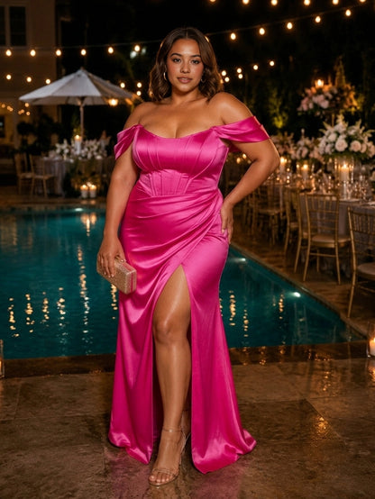 Roselledress glossy satin formal dress plus size structured corset back zipper wedding guest long dress back view