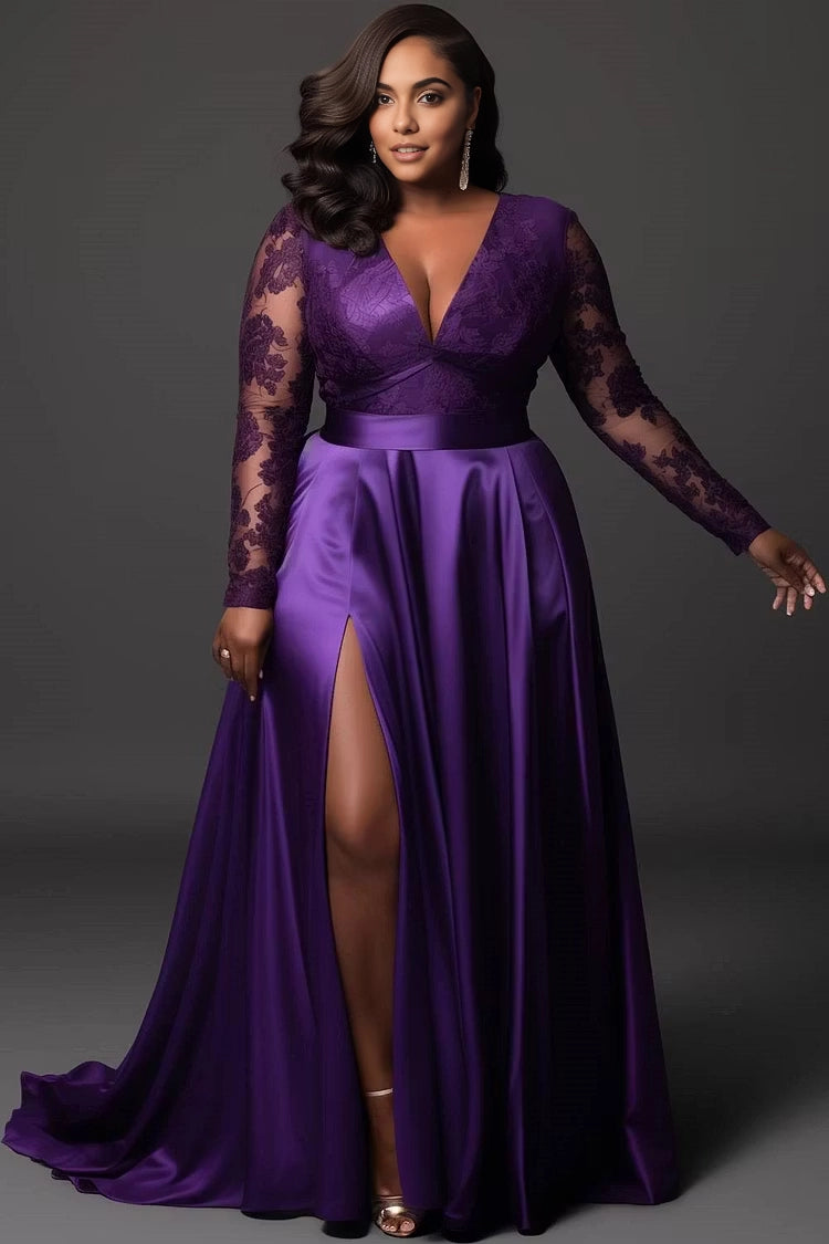 Roselledress purple plus size evening gown deep v sheer lace long sleeve satin high slit formal dress front view