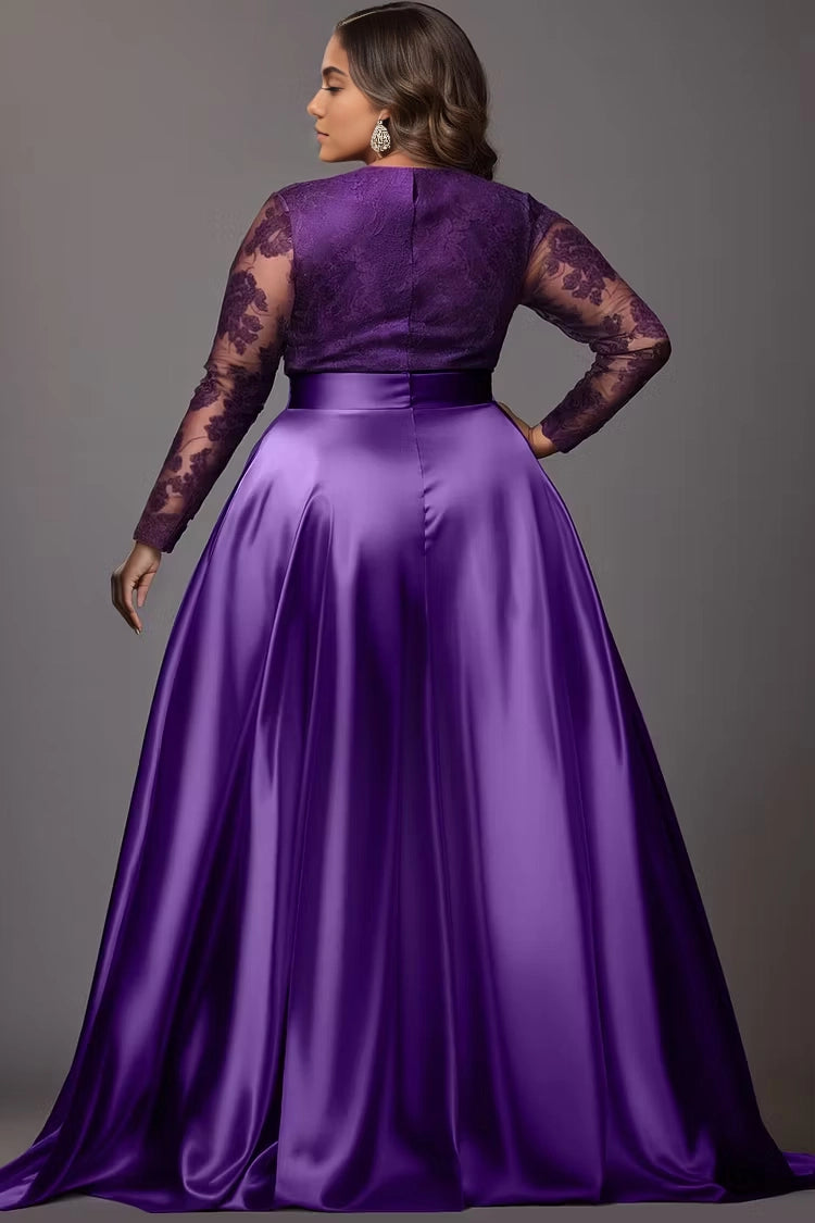 Roselledress violet a-line prom dress lace back zipper plus size satin train party gown back view