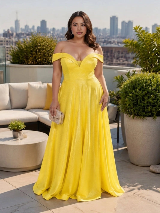 Roselledress yellow shimmer satin plus size prom dress front view, off shoulder v neck a-line floor length formal gown