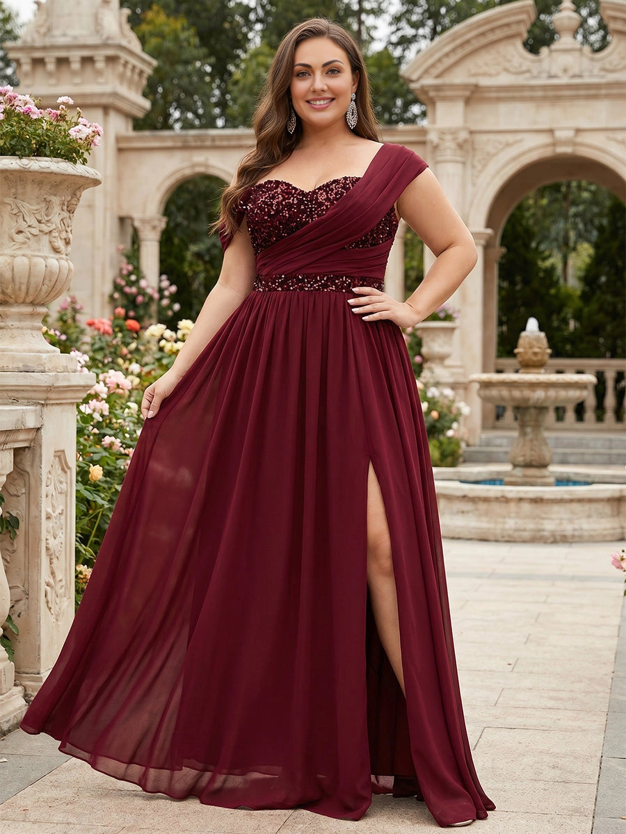 Roselledress burgundy plus size prom dress front view, off the shoulder sequin bodice chiffon a-line gown with high side slit