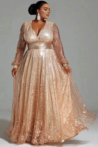 Roselledress gold sequin plus size prom dress front view,v‑neck long sleeve a‑line sparkly evening gown