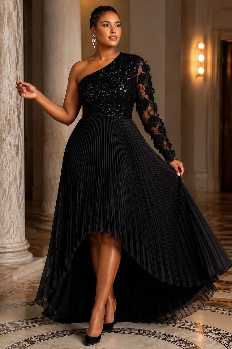 Roselledress black plus size one shoulder evening gown sequin bodice 3D floral sleeve high low pleated dress front view