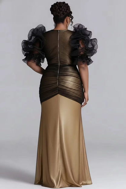 Roselledress metallic mother of bride dress plus size sheer mesh back zipper ruched waist fitted evening maxi dress back view
