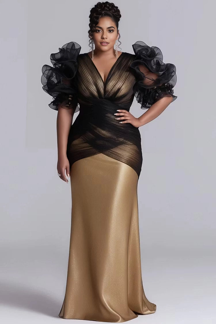 Roselledress black gold plus size mermaid gown deep v neck layered organza ruffle sleeves metallic mesh wrap waist long formal dress front view