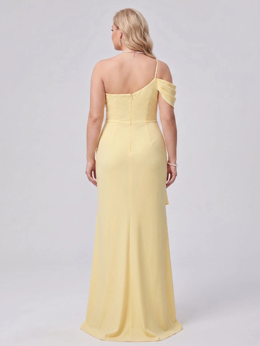 Roselledress pale yellow bridesmaid dress back view, single thin strap invisible zipper plus size formal evening dress