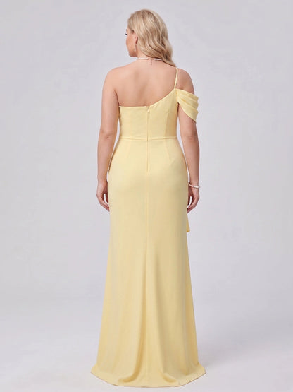 Roselledress pale yellow bridesmaid dress back view, single thin strap invisible zipper plus size formal evening dress