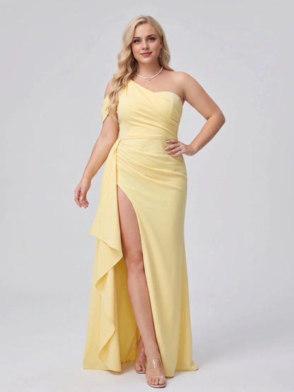 Roselledress pale yellow crepe plus size bridesmaid dress front view, one shoulder design ruched bodice mermaid gown with high front slit
