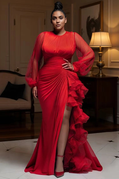 Roselledress red plus size mermaid evening gown round neck sheer long sleeve ruched high slit ruffle formal dress front view