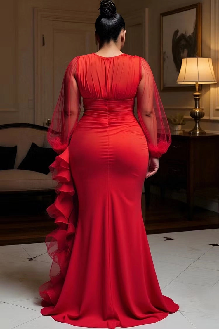 Roselledress red stretch formal dress round neck ruched back zipper plus size layered ruffle mermaid party gown back view