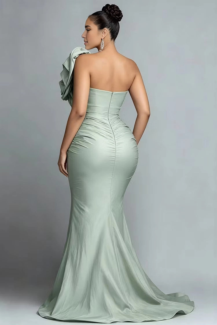 Roselledress sage satin evening dress strapless open back zipper ruched bodycon mermaid prom gown back view