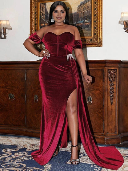 Roselledress burgundy velvet plus size prom dress front view,off‑shoulder sweetheart mermaid gown with high slit and rhinestone sash