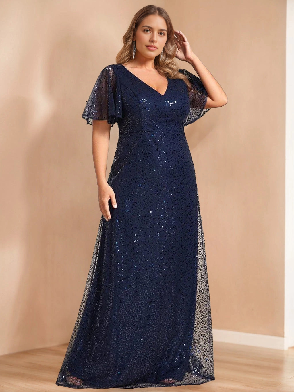 Roselledress navy blue plus size mother of the bride sequin gown v-neck flutter short sleeve mesh overlay long dress front view