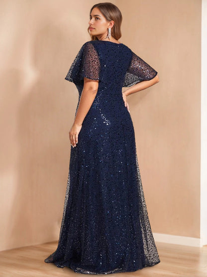 Roselledress navy sequin formal plus size evening dress v-back invisible zipper flutter sleeve wedding gown back view