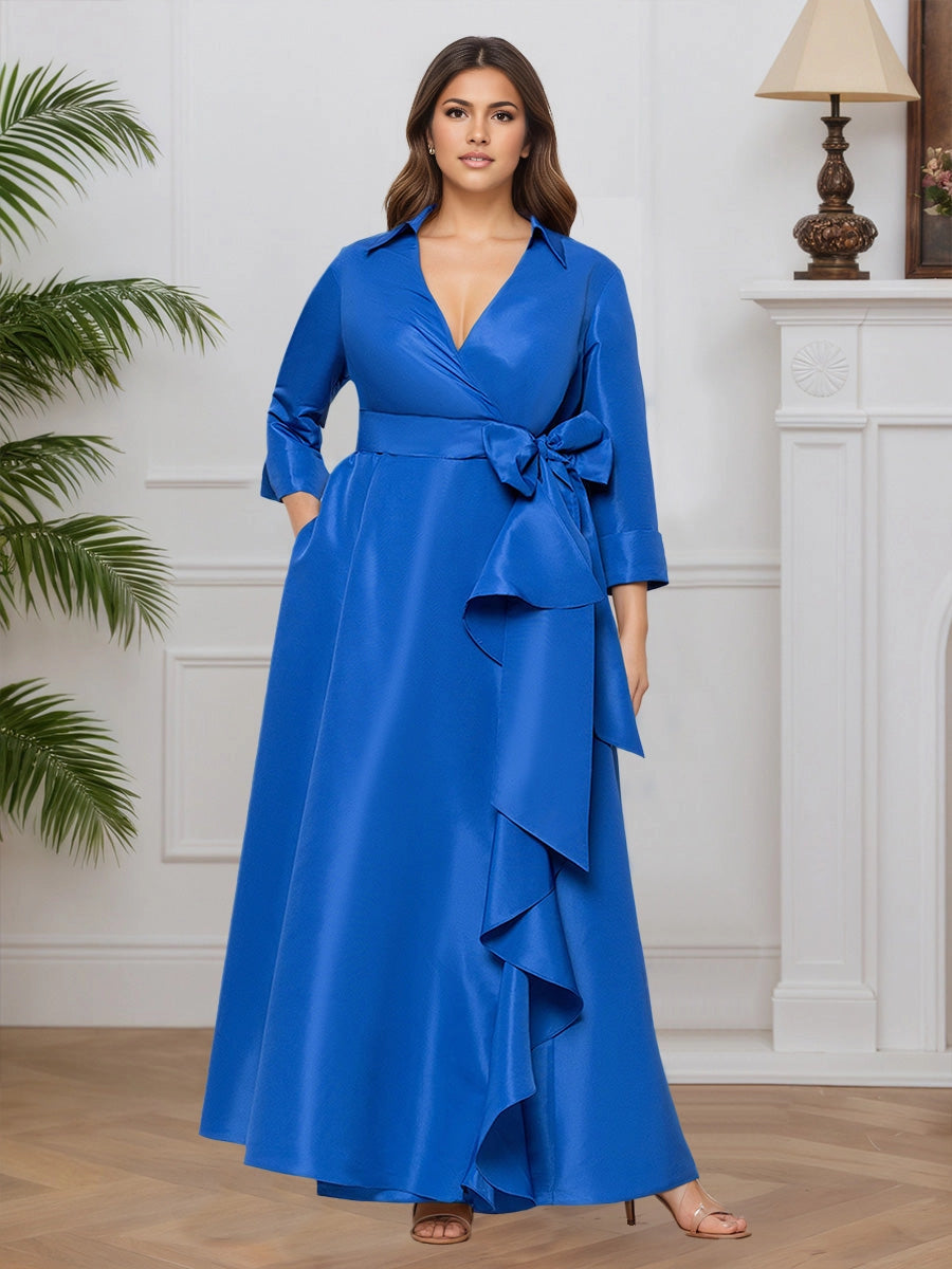 Roselledress plus size mother of the bride dress, glamorous royal blue satin floor‑length gown with collared v‑neck 3/4 sleeves bow sash pockets
