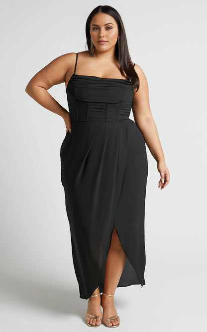 Roselledress black plus size prom dress,a‑line cowl neck spaghetti strap corset bodice high slit chiffon maxi formal gown
