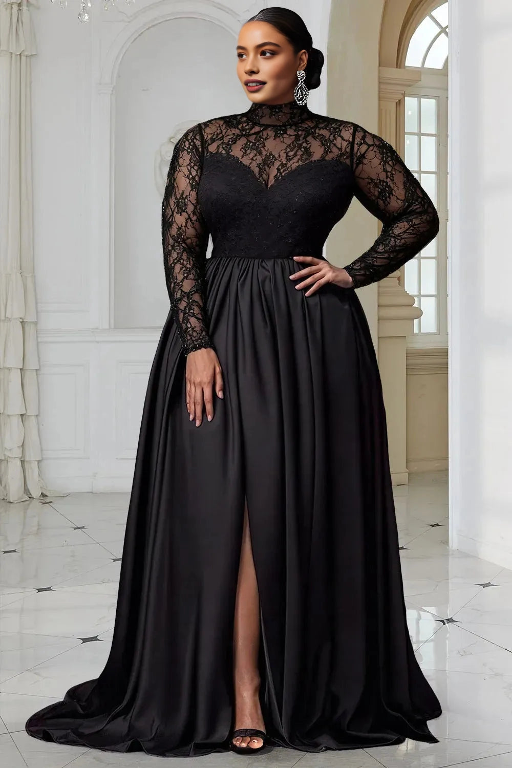 Roselledress black plus size wedding guest dress high neck long lace sleeve a‑line satin gown front slit front view